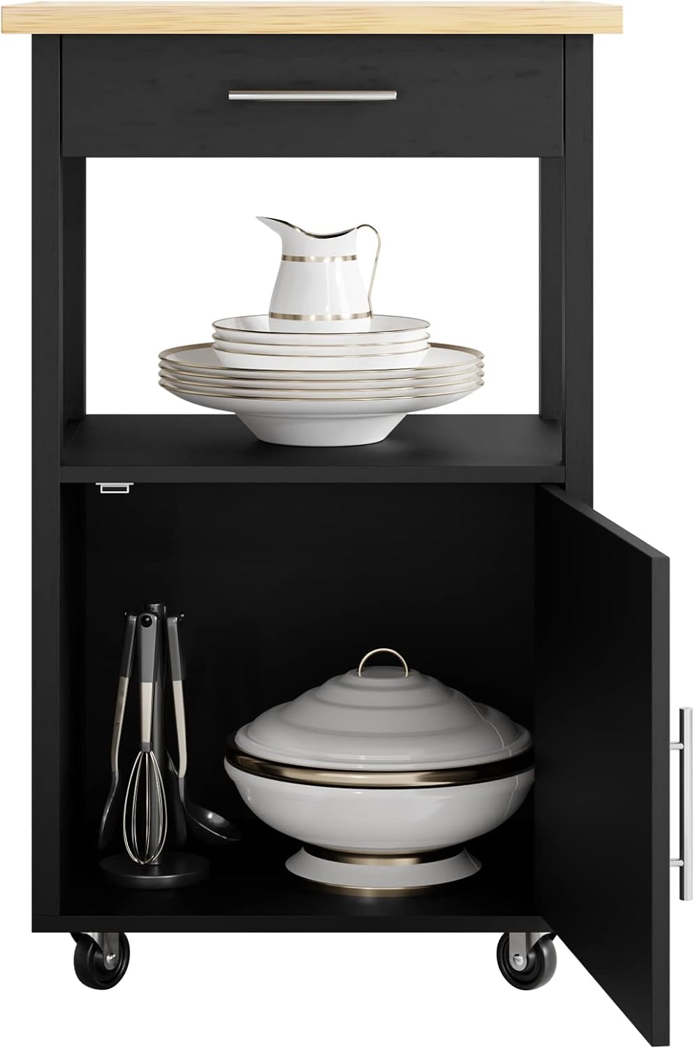 SUNLEI Isla de cocina con ruedas con armario de almacenamiento y cajón, mesa de cocina con ruedas de 21.7 pulgadas de ancho, asa de carrito para
