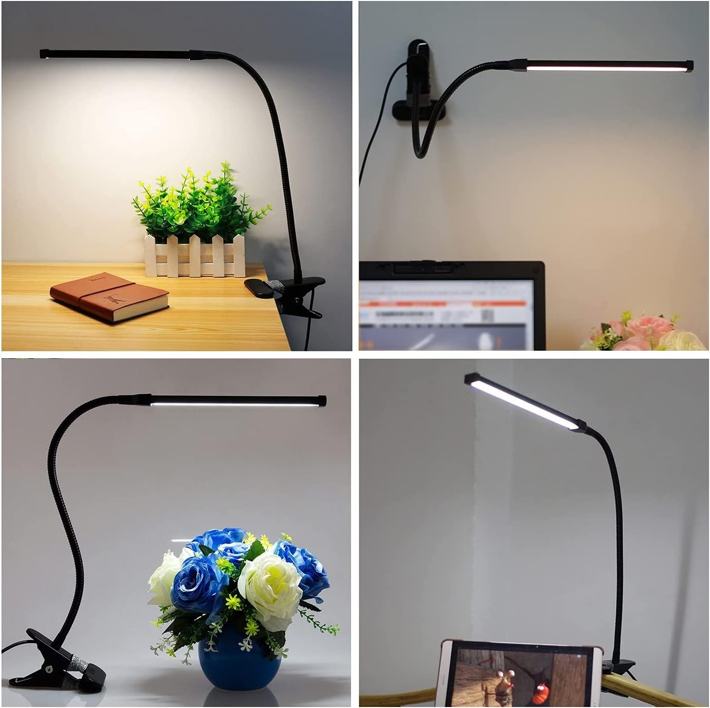 Lámpara de escritorio con clip, luz de lectura de cuidado de los ojos de 7 W con 3 modos de color, 10 brillo y memoria, regulador de intensidad