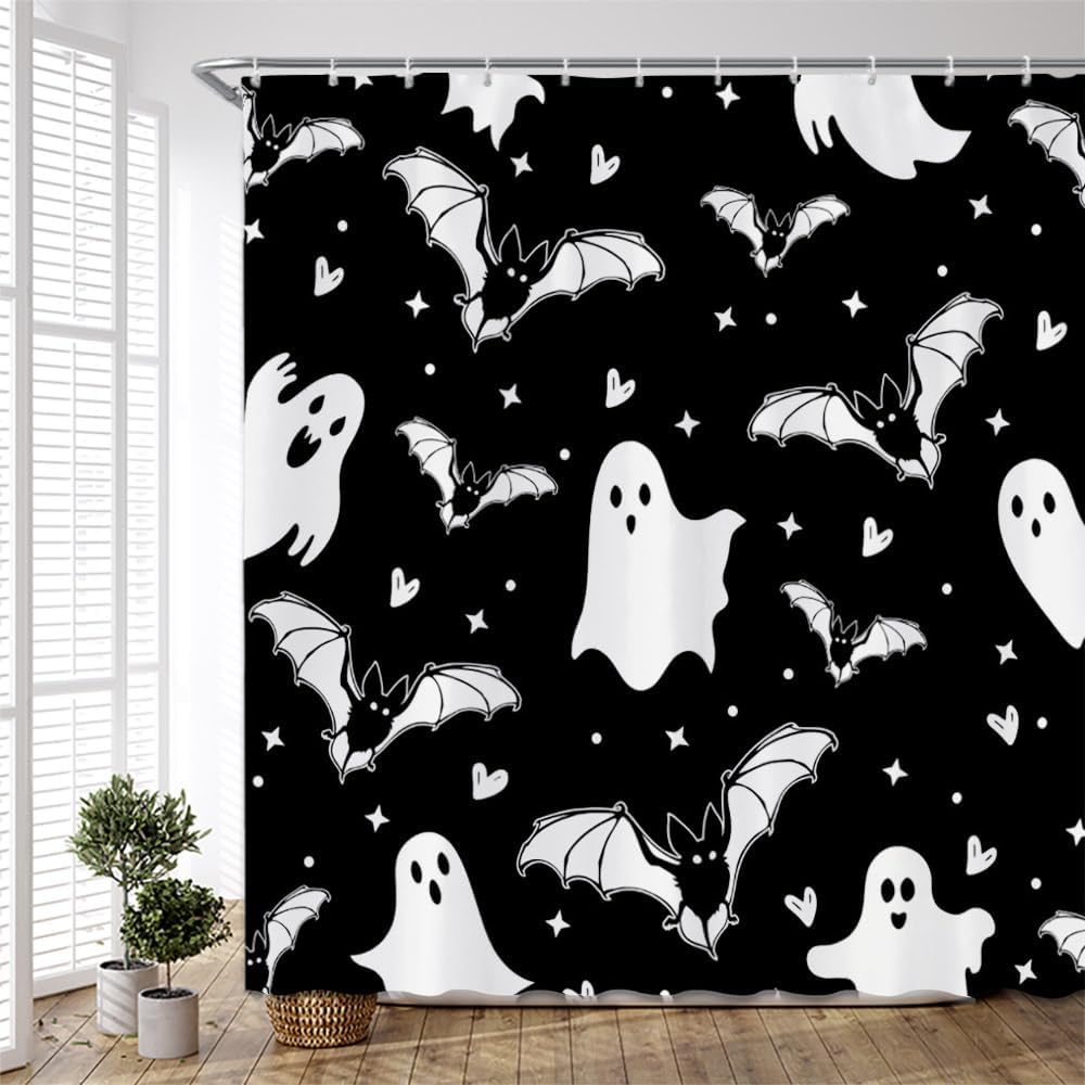Cortina de ducha de Halloween con bonitos fantasmas divertidos y espeluznantes murciélagos estrellados, cortinas de baño en blanco y negro, juego de