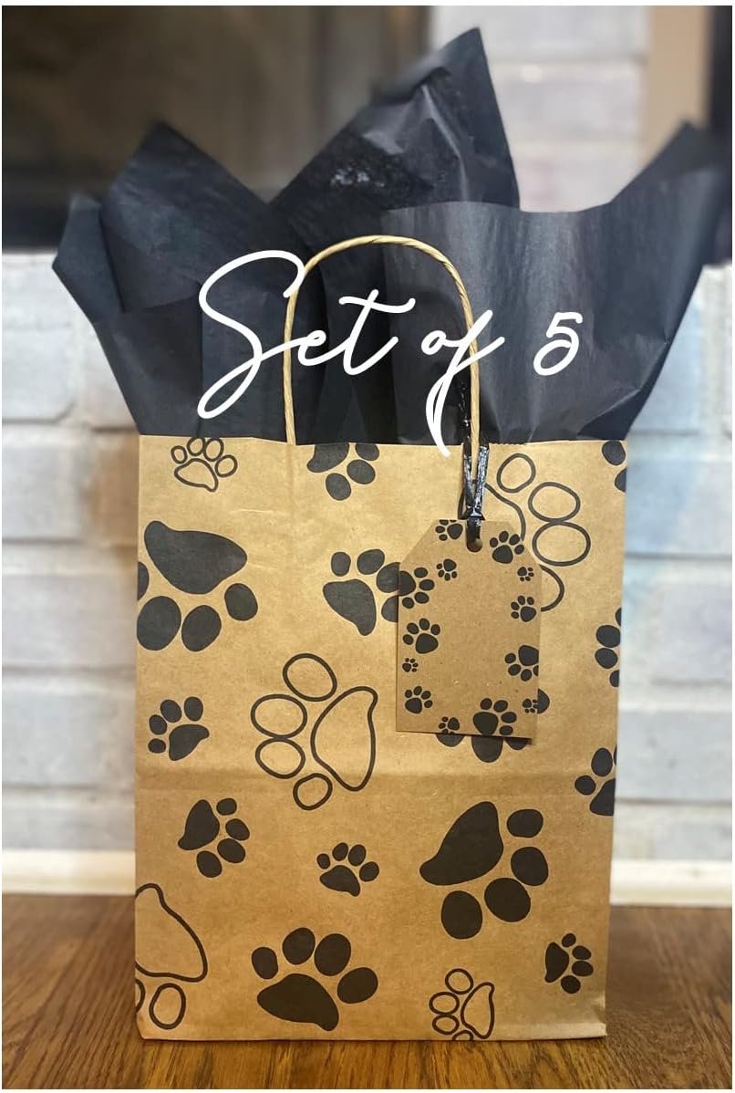 Chalkallaboutit Juego de 5 bolsas de regalo con estampado de huellas de pata con papel de seda (5) (Kraft con negro)