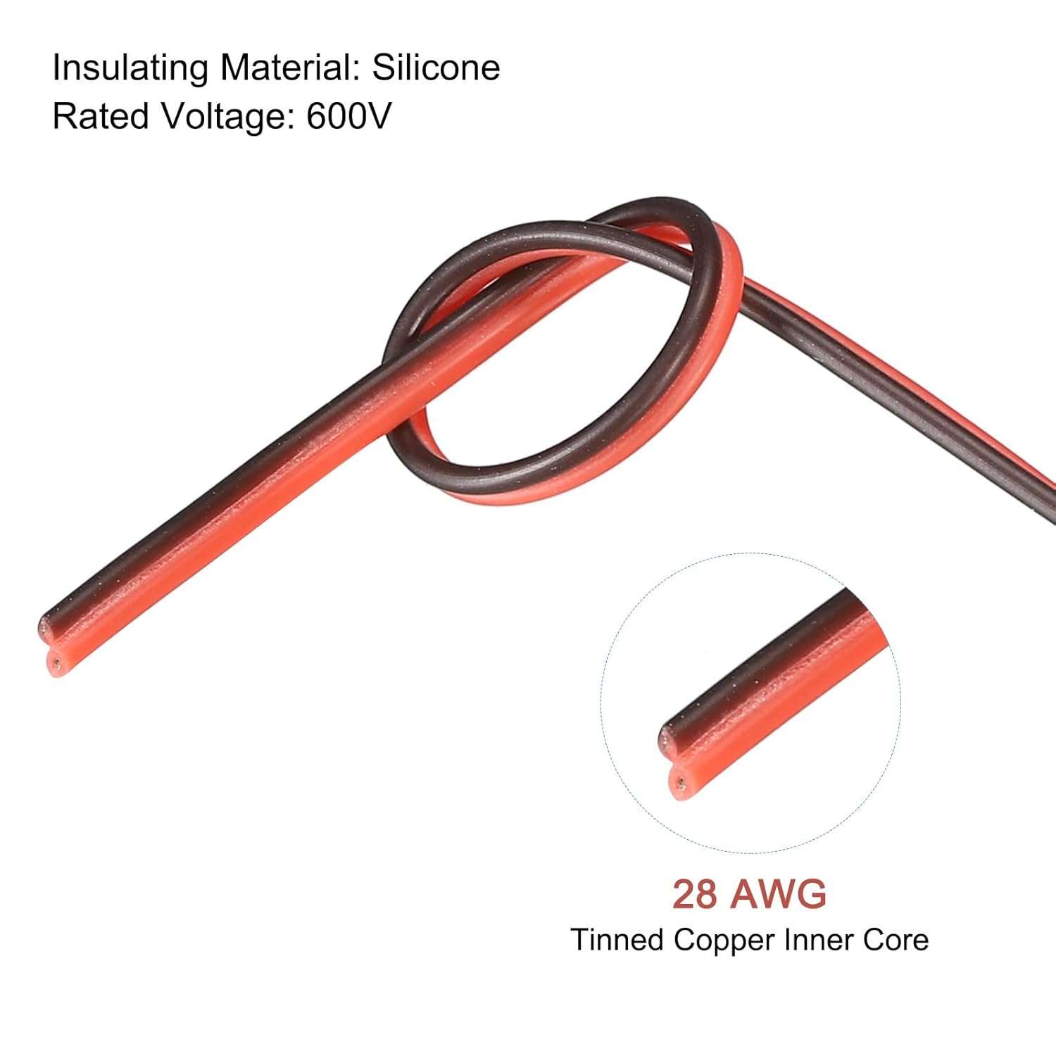 MECCANIXITY Alambre de calibre 28, 2 conductores, alambre de silicona paralelo de 28 AWG, alambre trenzado de alambre de cobre estañado, carrete de