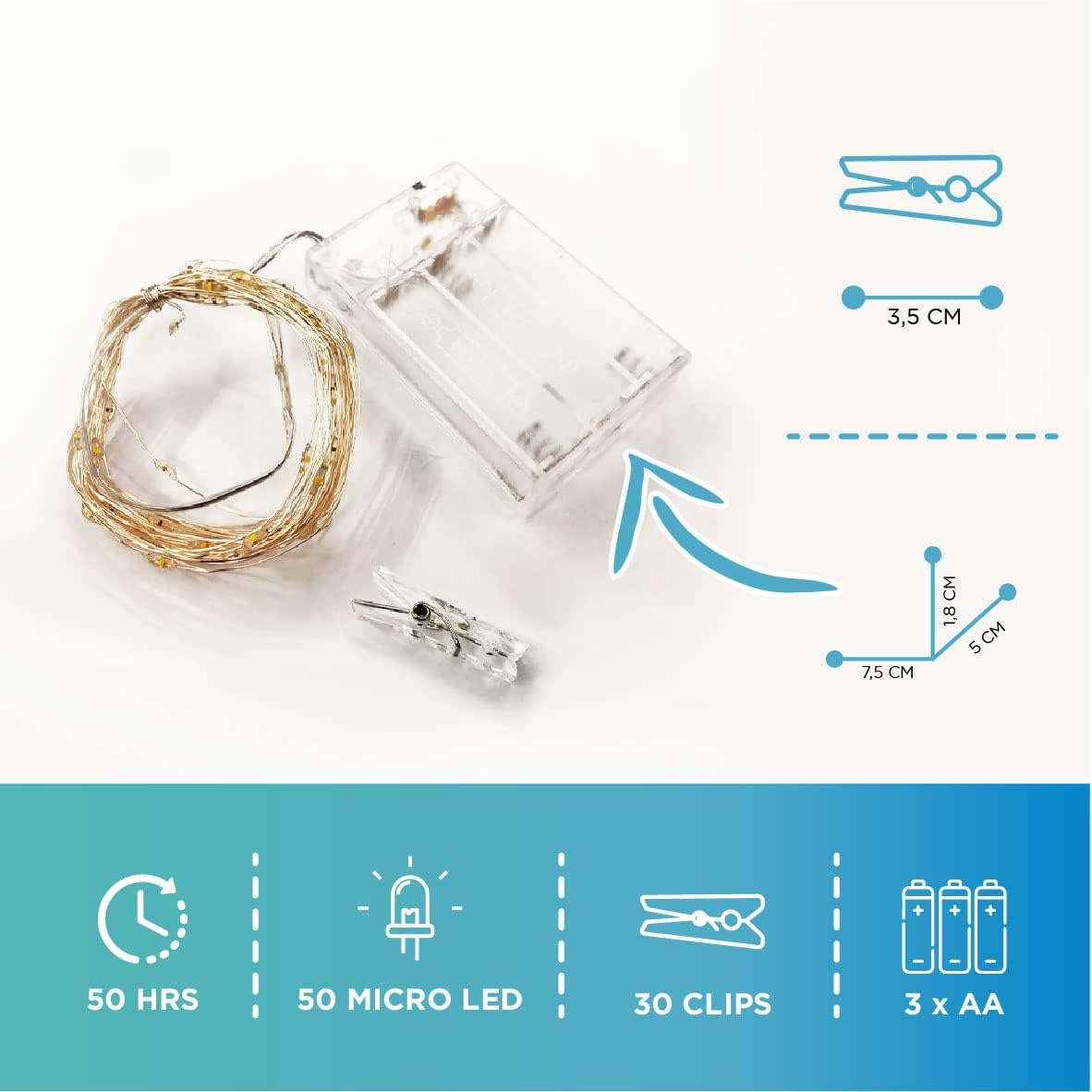 Cadena de luces con clip para fotos (16.4 ft, 50 LED, 30 clavijas), funciona con pilas, luz de hadas colgante para dormitorio