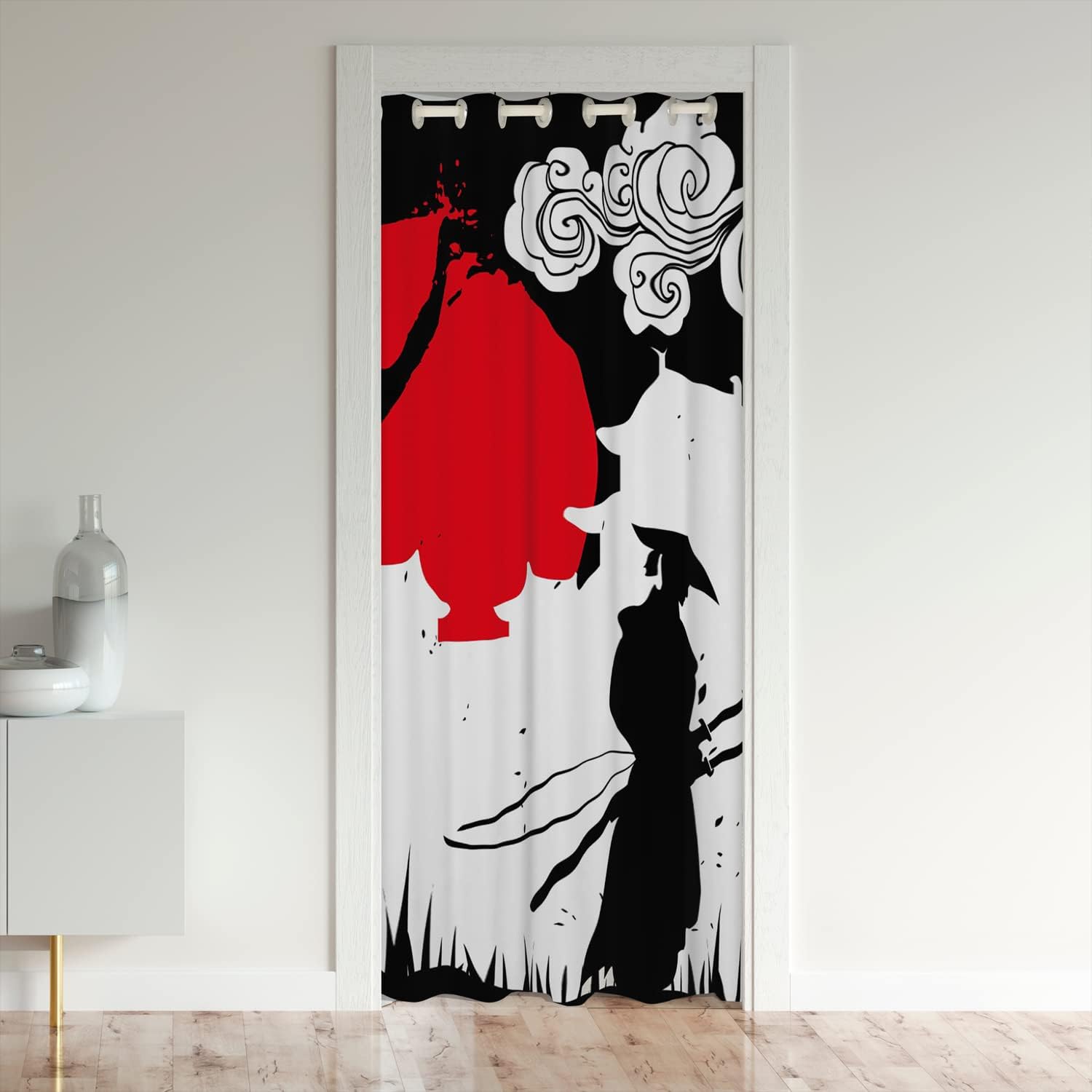 Erosebridal Samurai – Cortina opaca con estampado de puesta de sol, cortina de puerta japonesa, silueta de edificio, transpirable, cortina japonesa