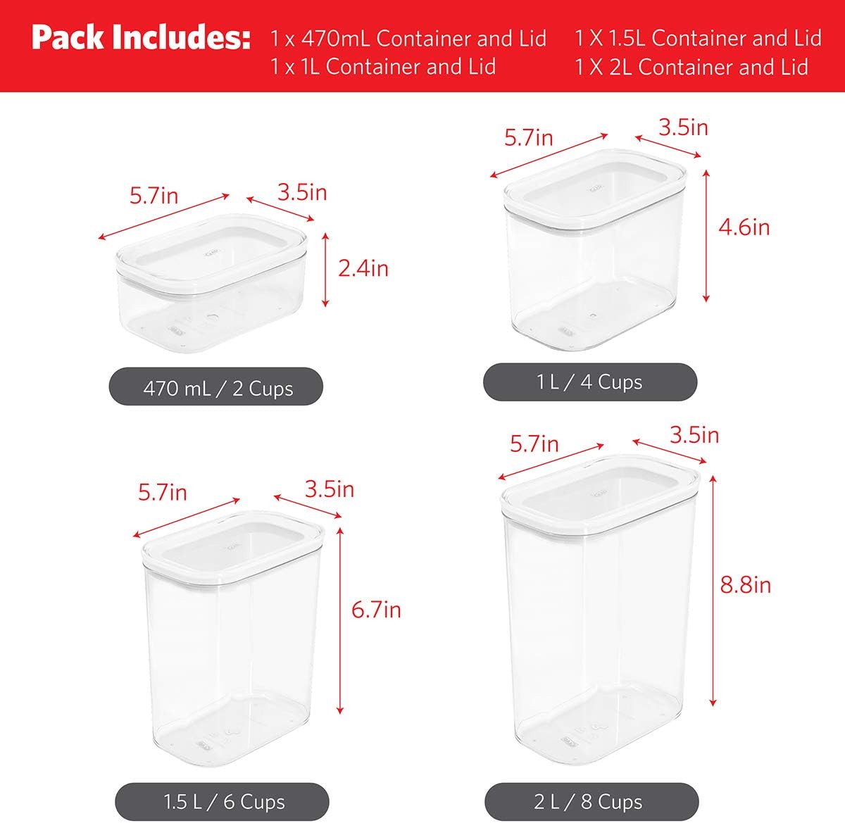 Glad Recipientes de almacenamiento de alimentos herméticos con tapas, recipientes apilables para cereales, pasta, suministros para hornear,