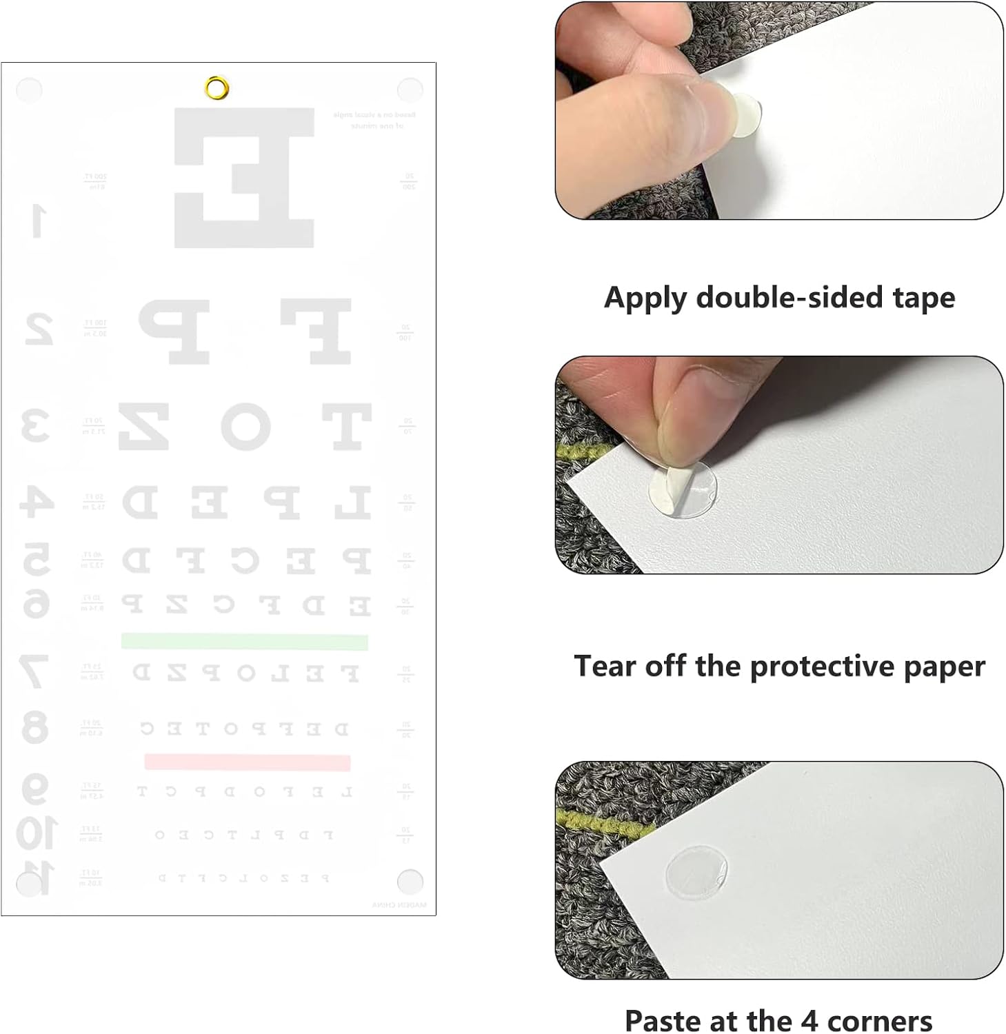 Kit completo de examen de ojos Snellen estándar de 20 pies Snellen Eye Chart 22×11 pulgadas con 2 oclusores oclusores de doble uso