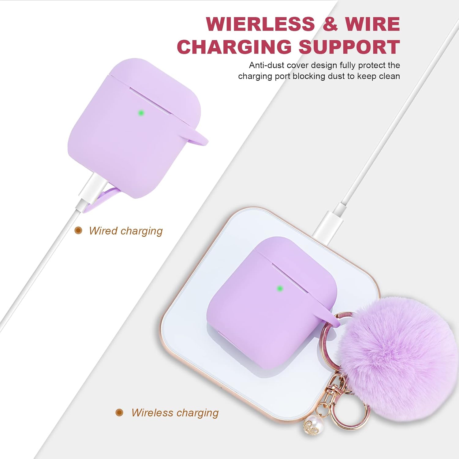 Bonita funda morada para mujer, bonita funda diseñada para AirPods con pompones, funda protectora de silicona compatible con AirPods 12, accesorios