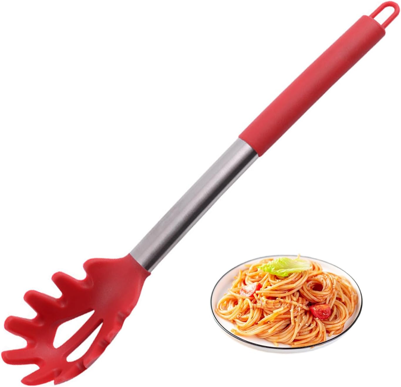 Tenedor de silicona para pasta, cuchara de espagueti, para cocina, resistente al calor, cuchara de pasta de grado alimenticio con mango de acero