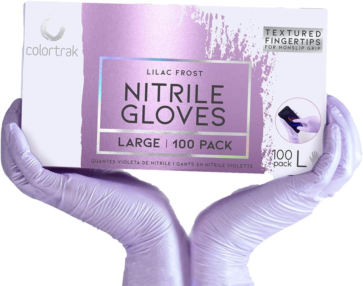 Colortrak Luminous Collection – Guantes desechables de nitrilo color lila, sin látex, puntas de dedos texturizadas