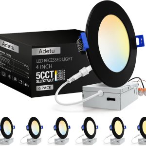 Adetu 6 Pack 4 Inch Black 5CCT Ultra-Thin LED Recessed Ceiling Light with Junction Box,Dimmable Canless Wafer Downlight2700K-5000K Selectable,9W Eqv Adetu 6 Pack 4 Inch Black 5CCT Ultra-Thin LED Recessed Ceiling Light with Junction Box,Dimmable Canless Wafer Downlight2700K-5000K Selectable,9W Eqv