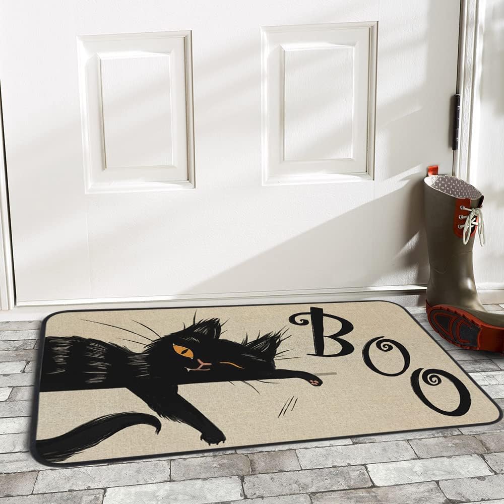 Tapete decorativo de bienvenida de gato negro de Halloween, 17 x 29 pulgadas, antideslizante y lavable, tapete de goma trasera de goma para