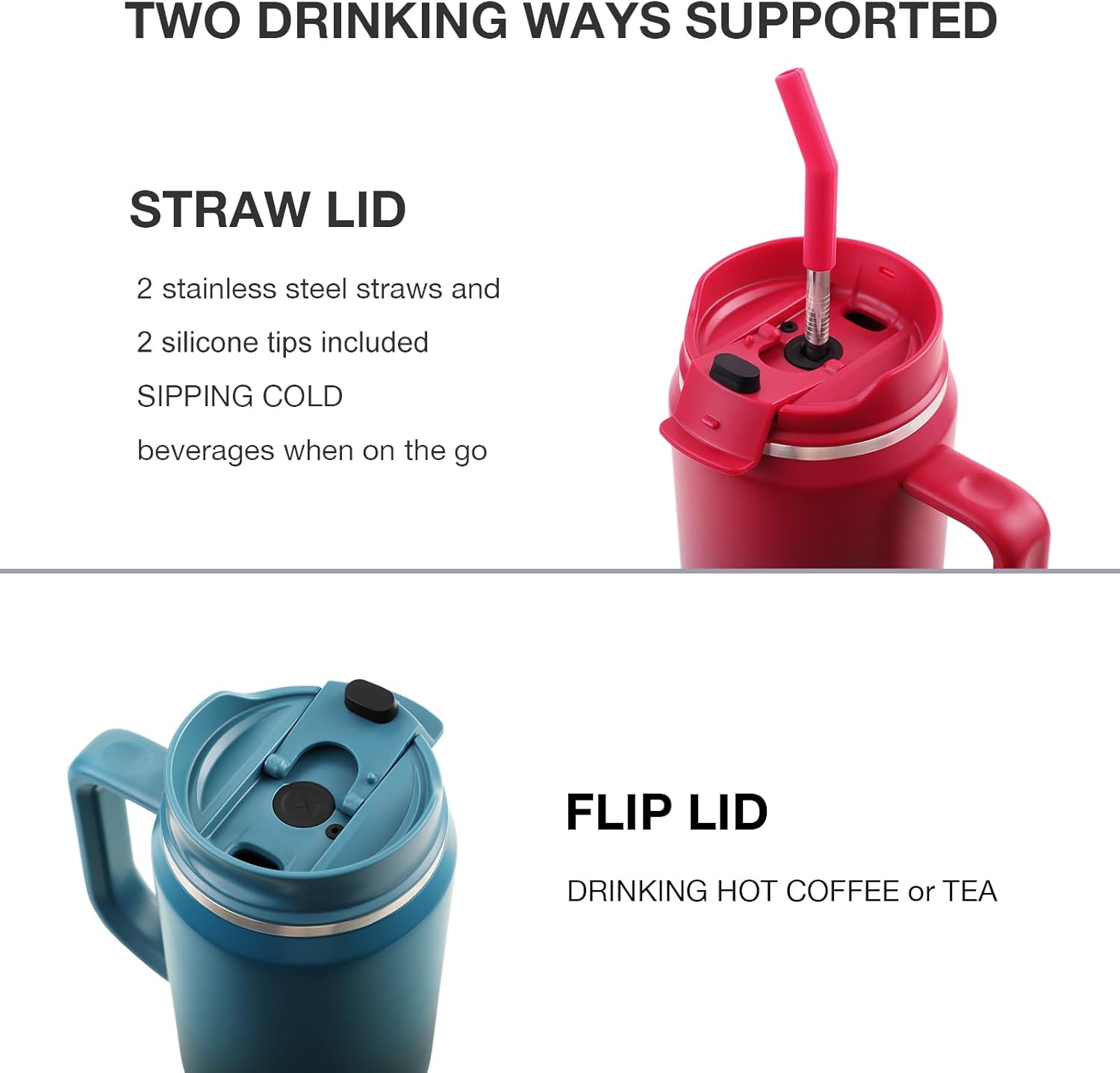 EALGRO Botella de agua aislada de 40 onzas con popote y asa, frasco de agua deportivo de metal grande, taza de café de viaje de acero inoxidable,