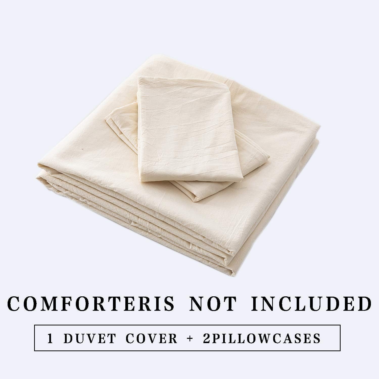 ECOCOTT Juego de funda de edredón color crema tamaño Queen, 100% algodón lavado, 3 piezas, 1 funda de edredón con cremallera y 2 fundas de almohada