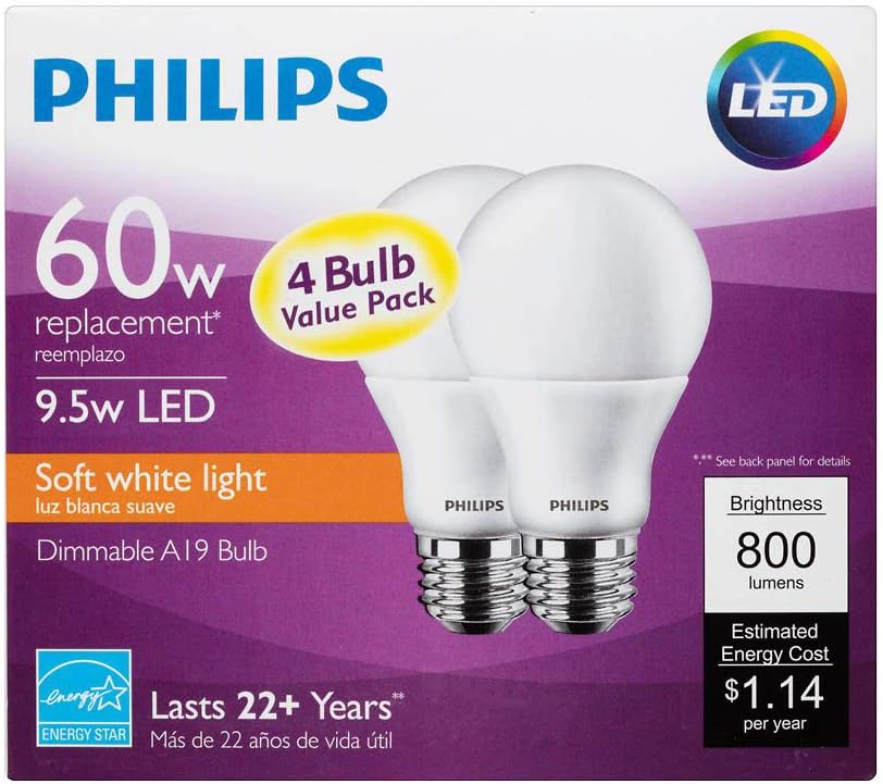 Philips Bombilla LED regulable A19 esmerilada, 9.5 W (equivalente a 60 W), 800 lúmenes, 2700 K blanco suave, base media E26, Energy Star, paquete de