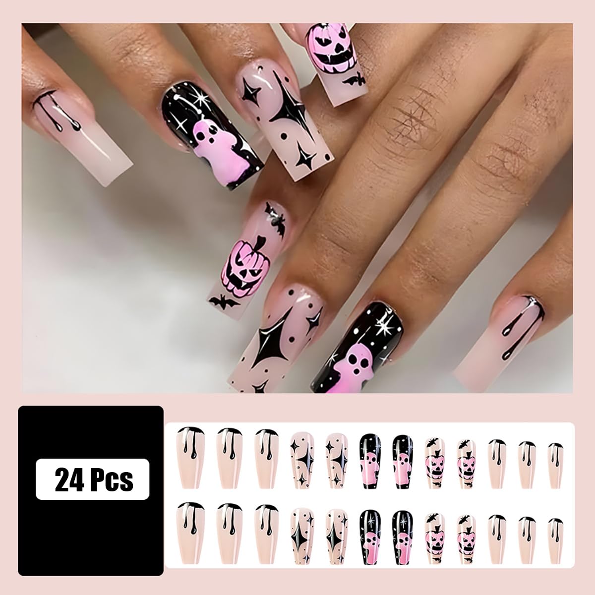 24 uñas postizas largas a presión de Halloween, fantasmas de terror, calabaza, diseño de uñas cuadradas con pegamento en las uñas de Halloween,