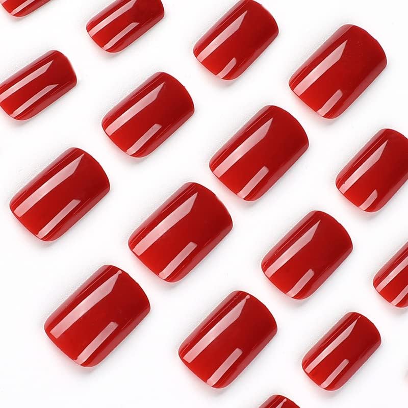 Uñas postizas cuadradas cortas a presión, color rojo viento, uñas postizas de cobertura completa con diseños, uñas adhesivas de acrílico artificial