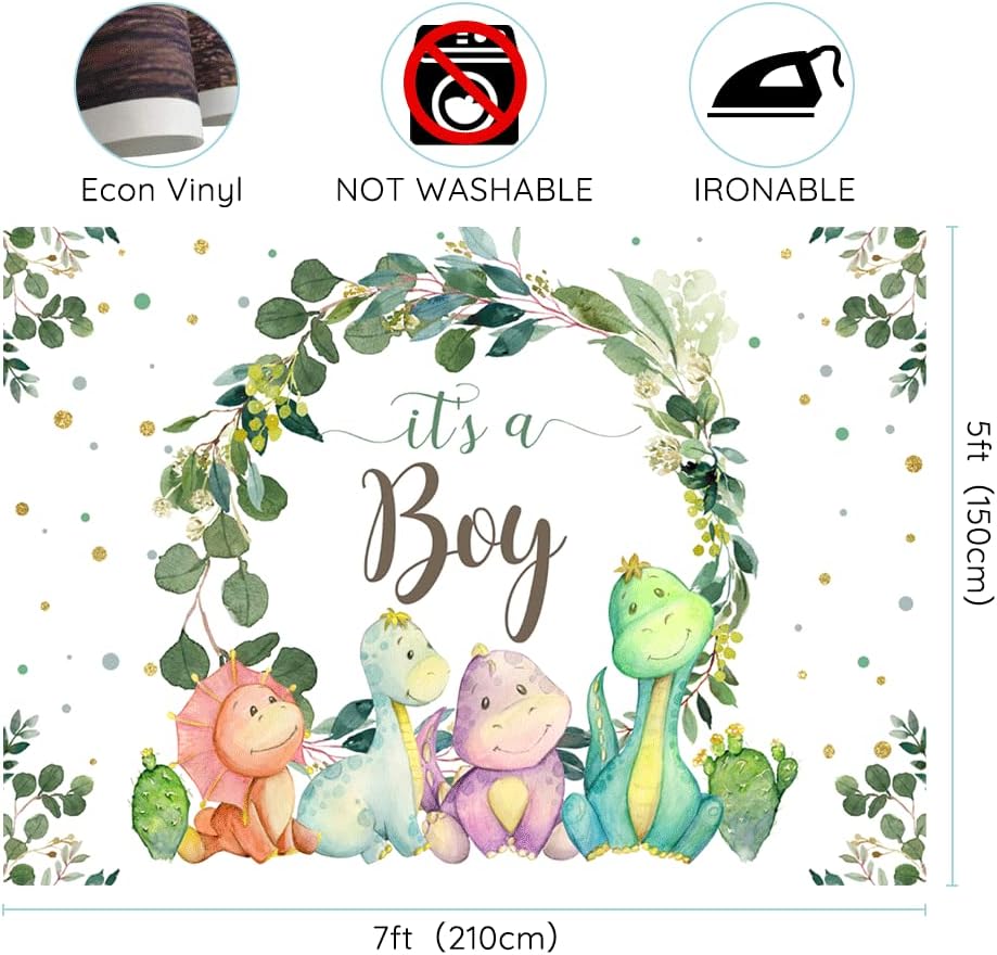 Fondo de 7 x 5 pies con texto en inglés “It’s a Boy” para baby shower, dinosaurio, cactus y hojas de eucalipto, fondo para fotografía, suministros