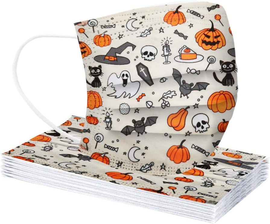 Paquete de 50 mascarillas desechables de Halloween para adultos con estampado de calabaza, 3 capas transpirables de Halloween para mujeres y hombres