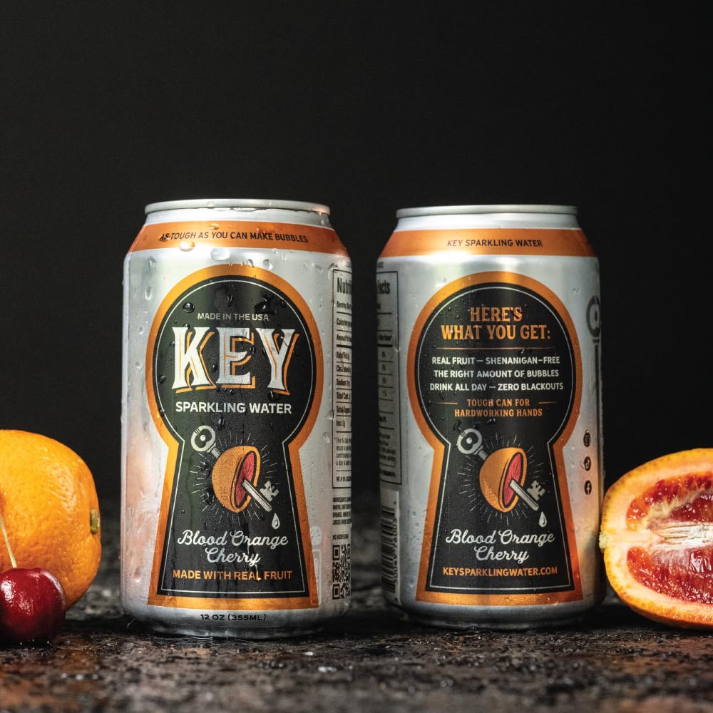 Key Sparkling Water  cereza de naranja sanguina  Agua con gas saborizada hecha con fruta real  Sin azúcar añadido, agua seltzer  lata de 12 onzas
