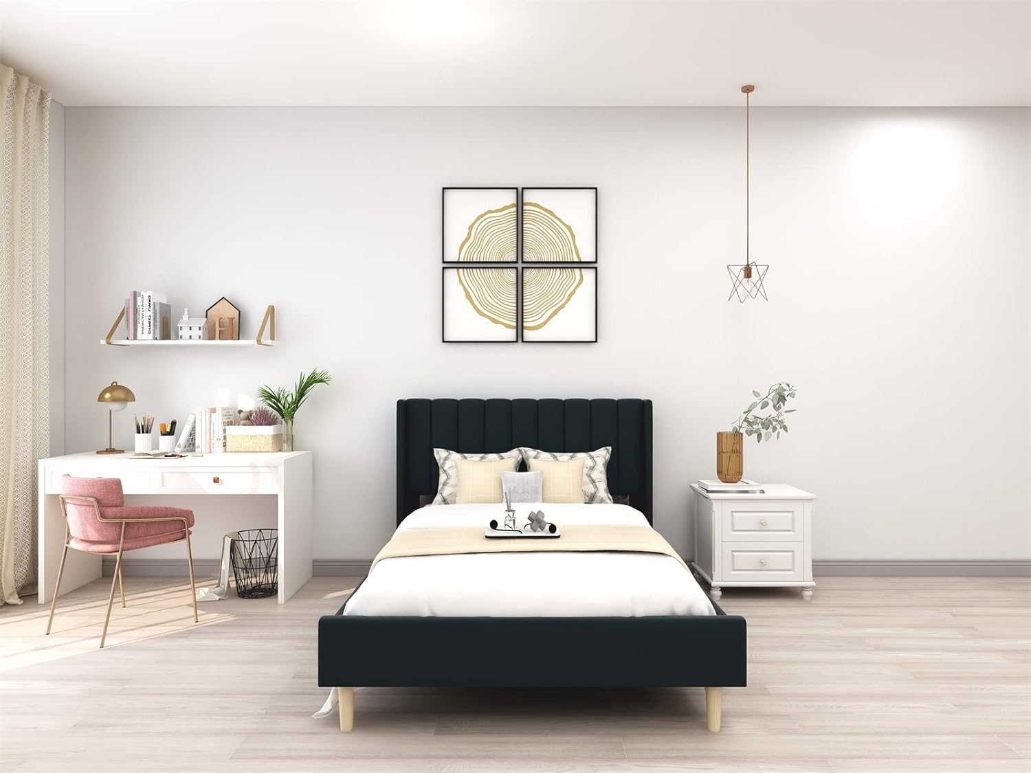 Cama de plataforma tapizada de perfil bajo, camas matrimoniales con negro (lino)