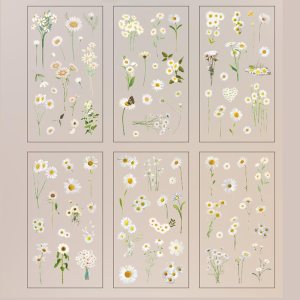 6 hojas de calcomanías de vinilo transparentes con margaritas blancas para manualidades, sobres, botellas de agua, coche, álbumes de recortes, 6 hojas de calcomanías de vinilo transparentes con margaritas blancas para manualidades, sobres, botellas de agua, coche, álbumes de recortes,