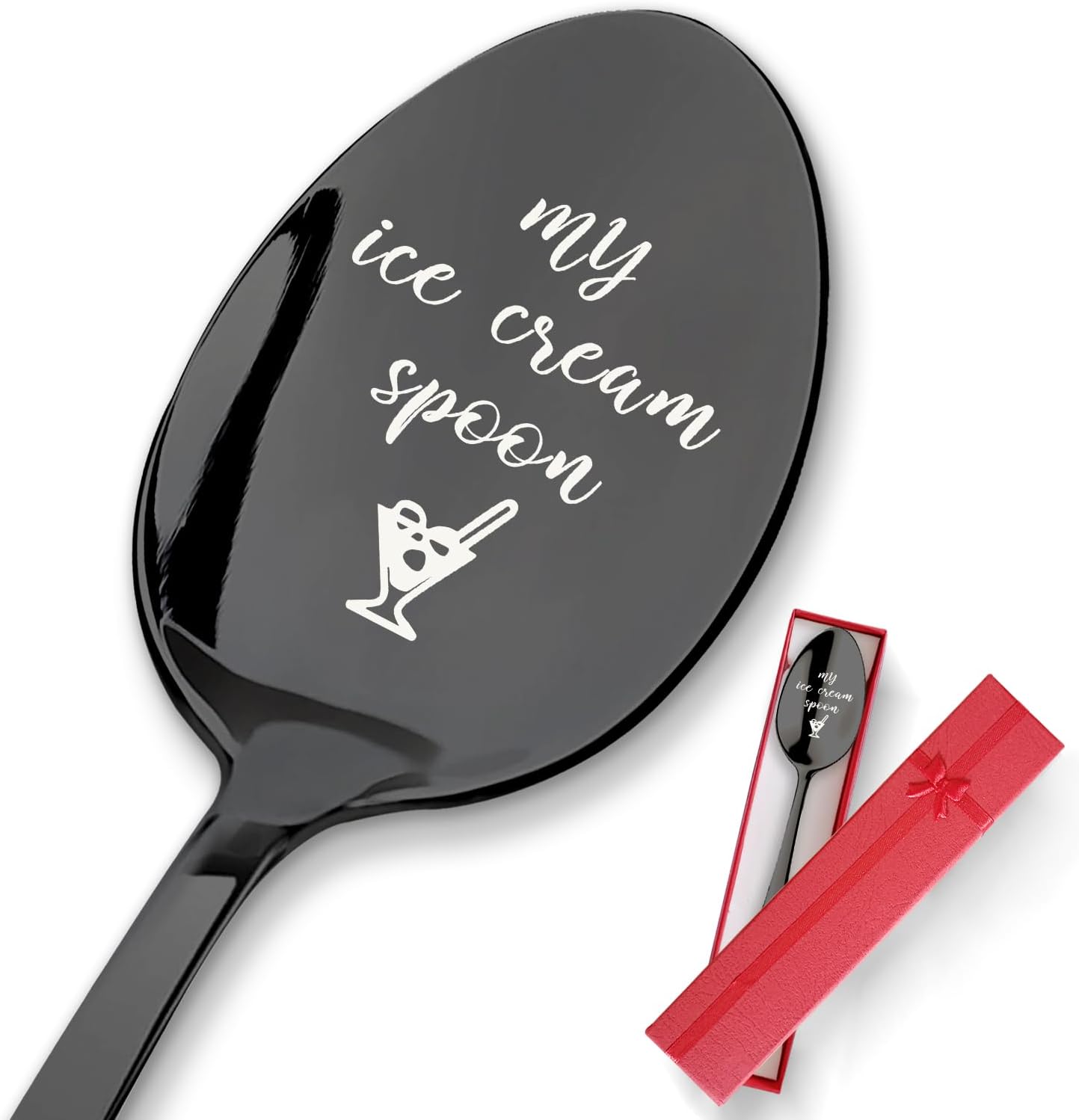 PZJIEAN My Ice Cream Spoon – Cuchara negra grabada de acero inoxidable, divertida cuchara de helado, cuchara de café, regalos para amantes del