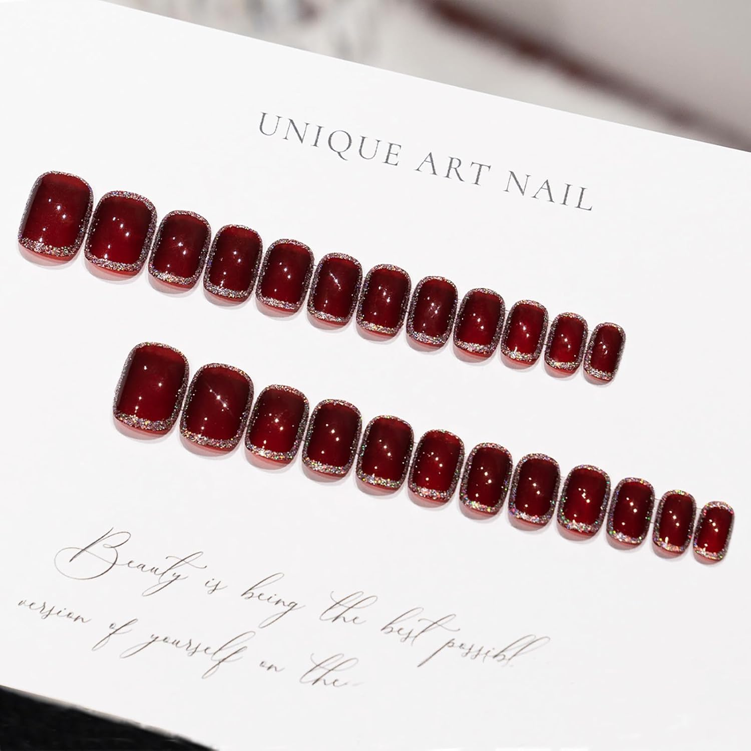 Uñas postizas cortas a presión, uñas postizas cuadradas color rojo vino con purpurina, uñas postizas de otoño e invierno, uñas acrílicas brillantes,