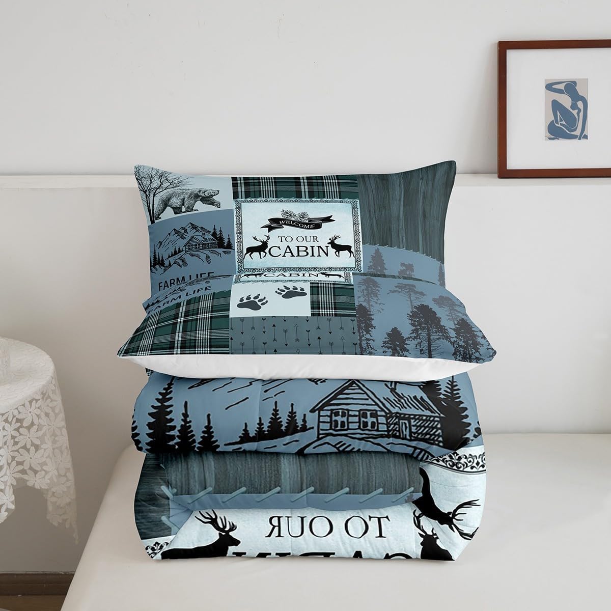 Manfei Rutic Farmhouse – Juego de edredón tamaño King, juego de ropa de cama de retazos de madera a cuadros de ciervo, oso, árbol, 3 piezas para