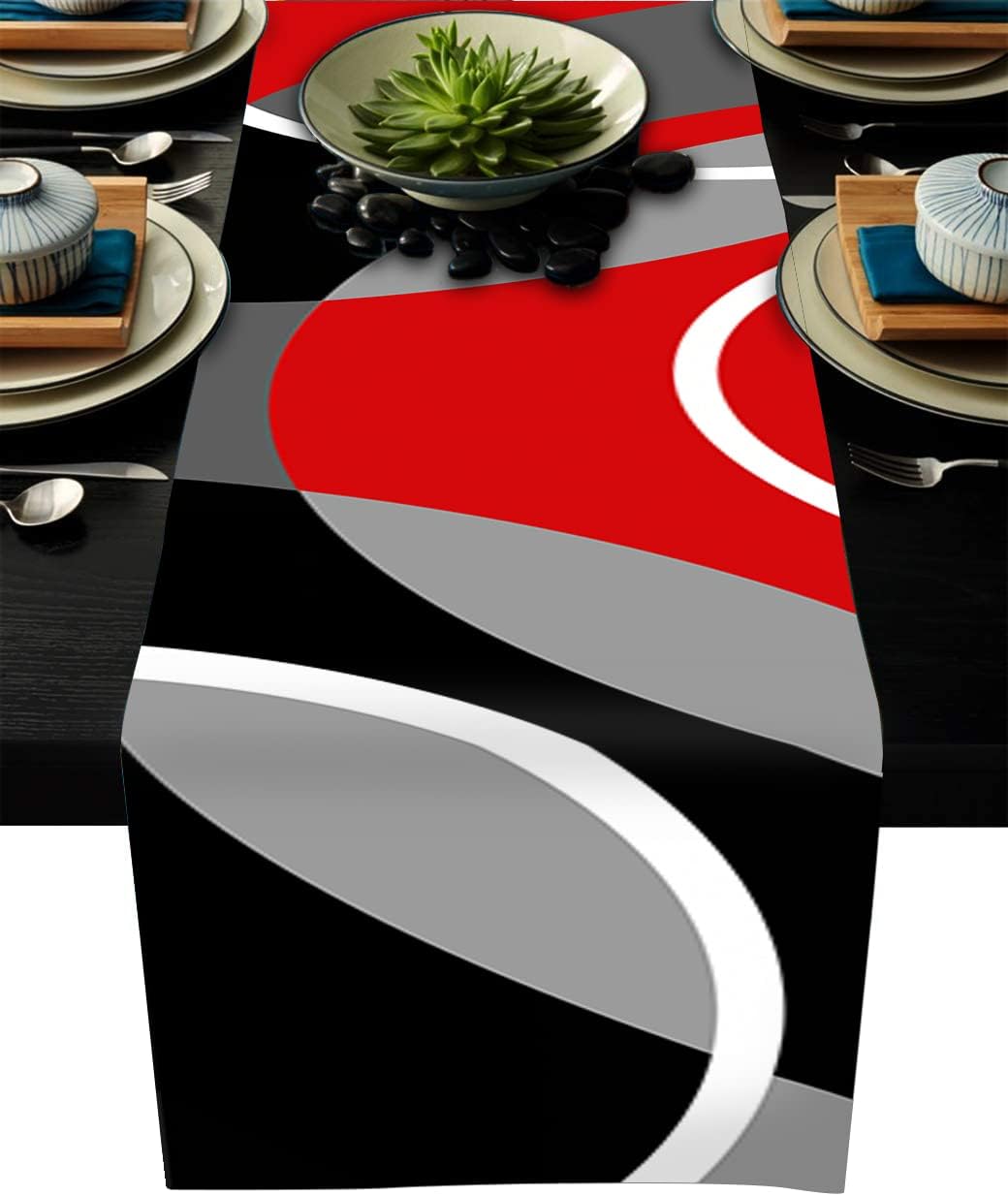 Camino de mesa negro, blanco, gris, rojo, patrón geométrico de líneas geométricas, camino de mesa de poliéster antideslizante para cocina, café,