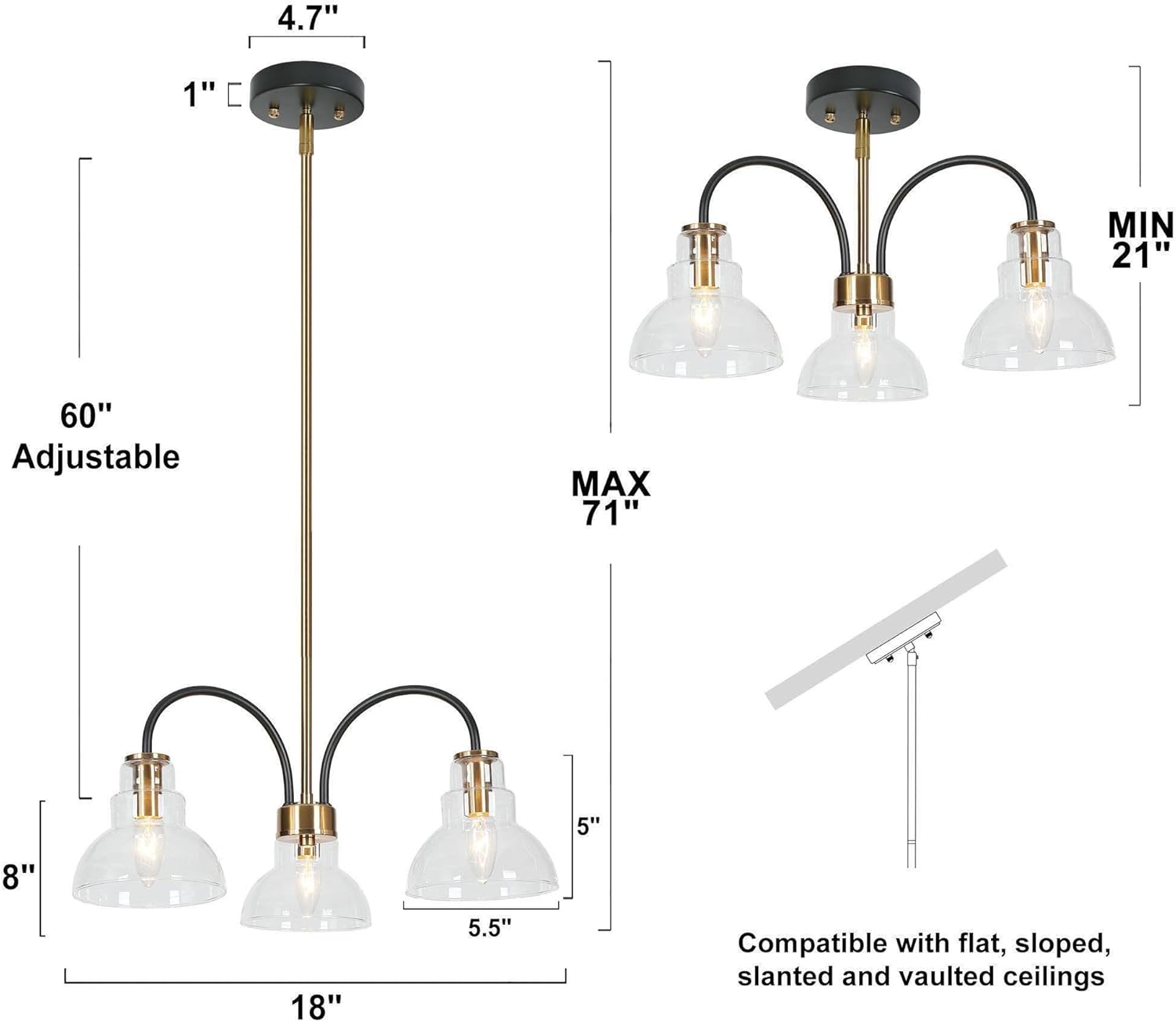 Candelabros negros y dorados, lámpara colgante moderna de mediados de siglo con pantallas de cristal, lámpara colgante de 3 luces para cocina,