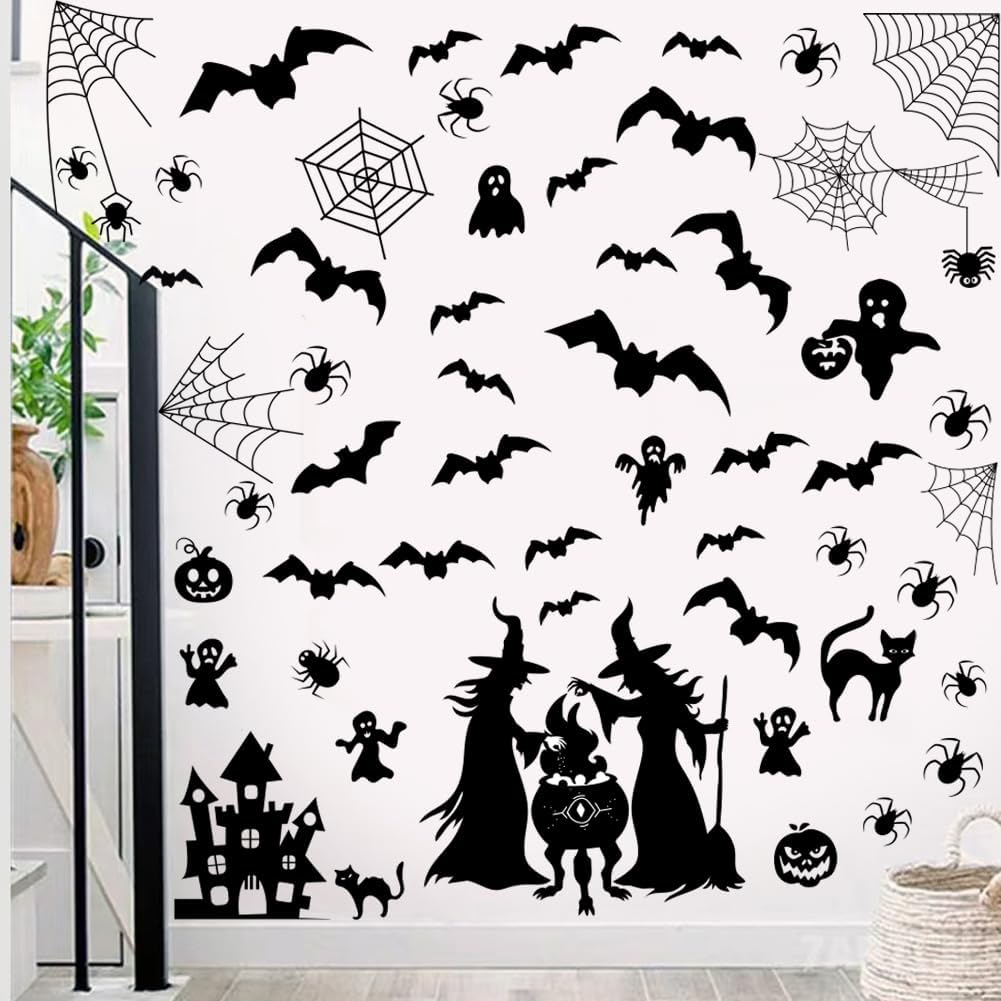 Calcomanías de pared de bruja de Halloween, calcomanía de pared de casa embrujada de Halloween, calcomanía de pared de murciélagos y luna,