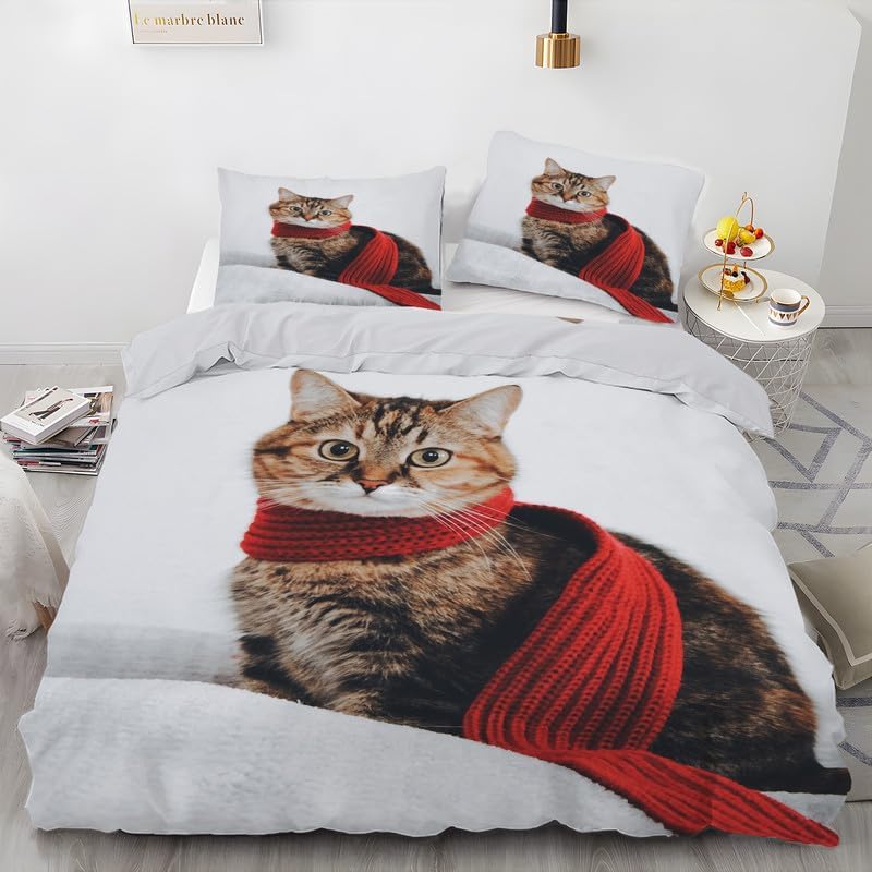Beige Cat King Duvet Cover Animal Print King Bedding Set Soft Microfiber Comforter Cover and 2 Pillow Shams 20″X36″, Bed Set Duvet Covers with