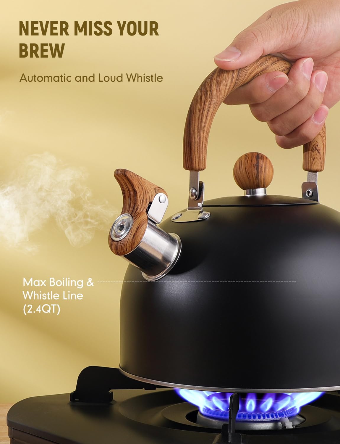 Hervidor de té Whistling para estufa, tetera de acero inoxidable de grado quirúrgico con mango ergonómico que se mantiene fresco, tetera de