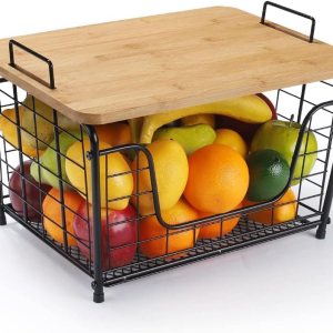 Cesta de frutas, organizador apilable para encimera, cesta de alambre con tapa superior de bambú, cesta de verduras para mostrador, soporte para pan Cesta de frutas, organizador apilable para encimera, cesta de alambre con tapa superior de bambú, cesta de verduras para mostrador, soporte para pan
