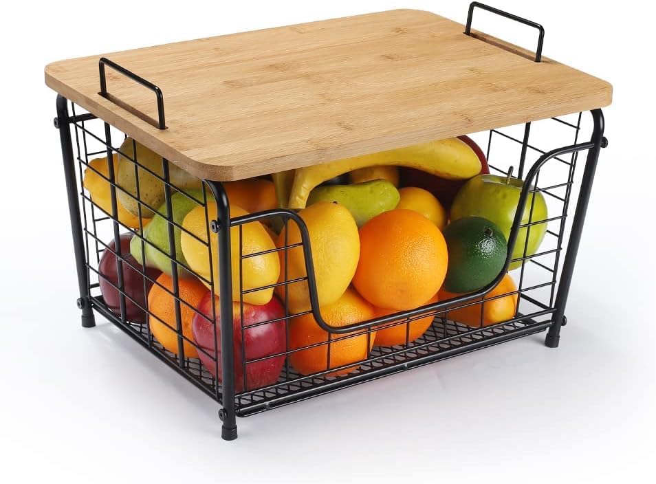 Cesta de frutas, organizador apilable para encimera, cesta de alambre con tapa superior de bambú, cesta de verduras para mostrador, soporte para pan