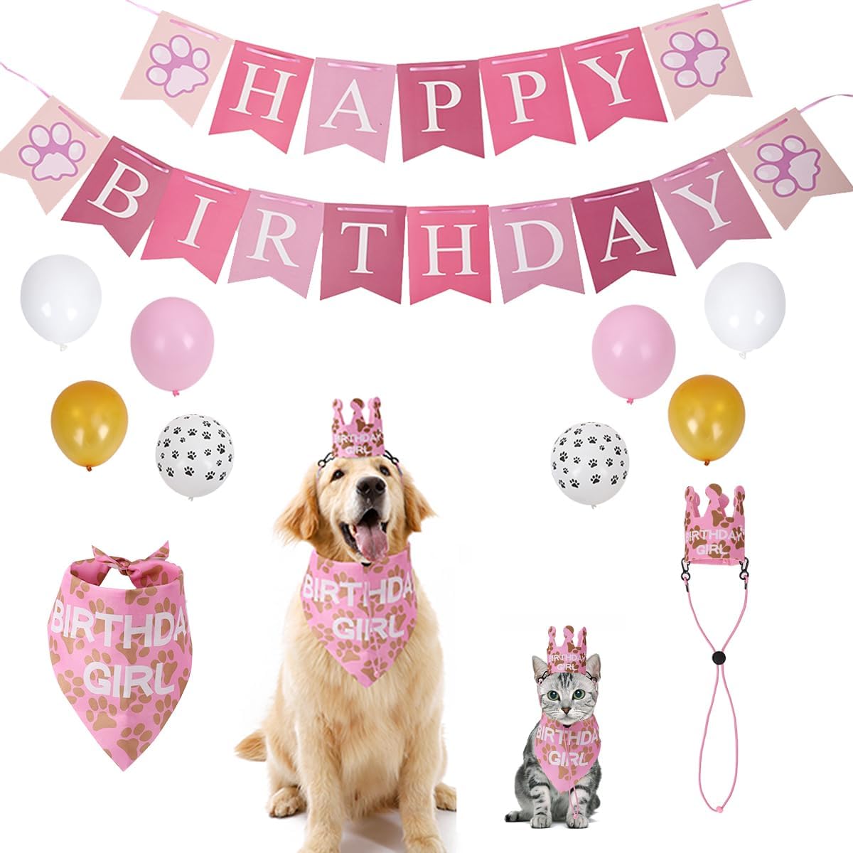 Duuclume Suministros para fiesta de cumpleaños de perros para niños y niñas, bufanda triangular con corona de cumpleaños para perros para todas las