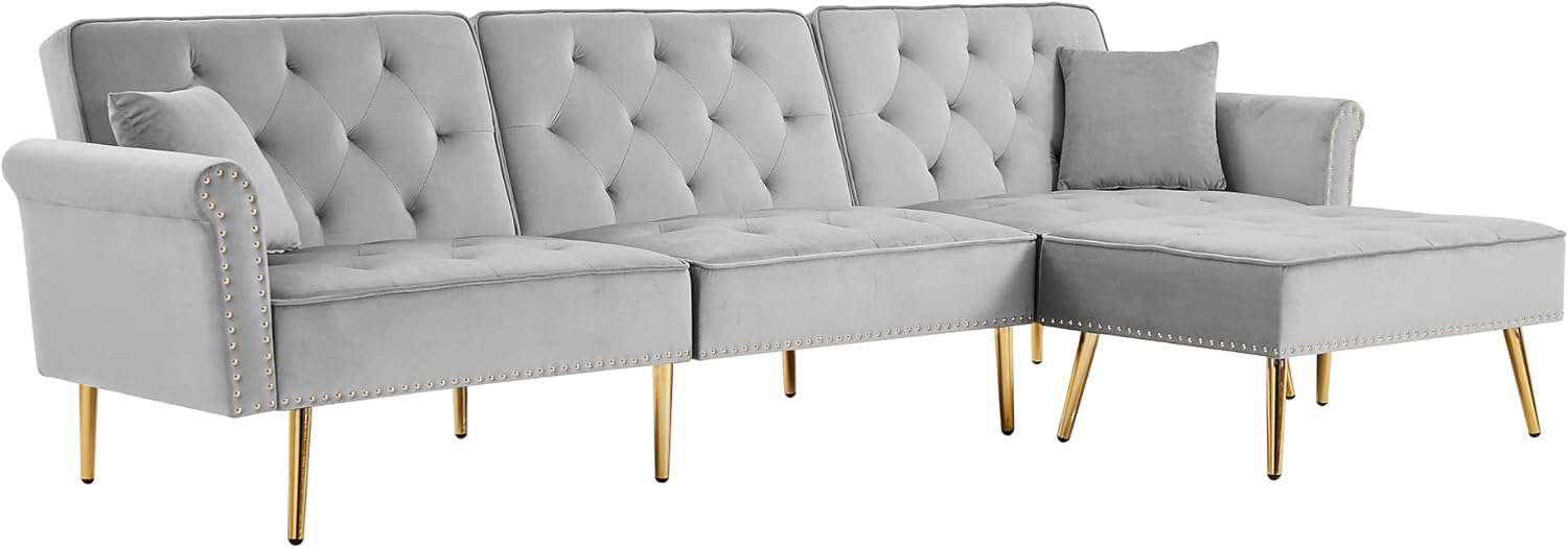 Sofá seccional tapizado de terciopelo en forma de L, sofá cama convertible con diván reversible, otomana movible para el hogar, oficina,