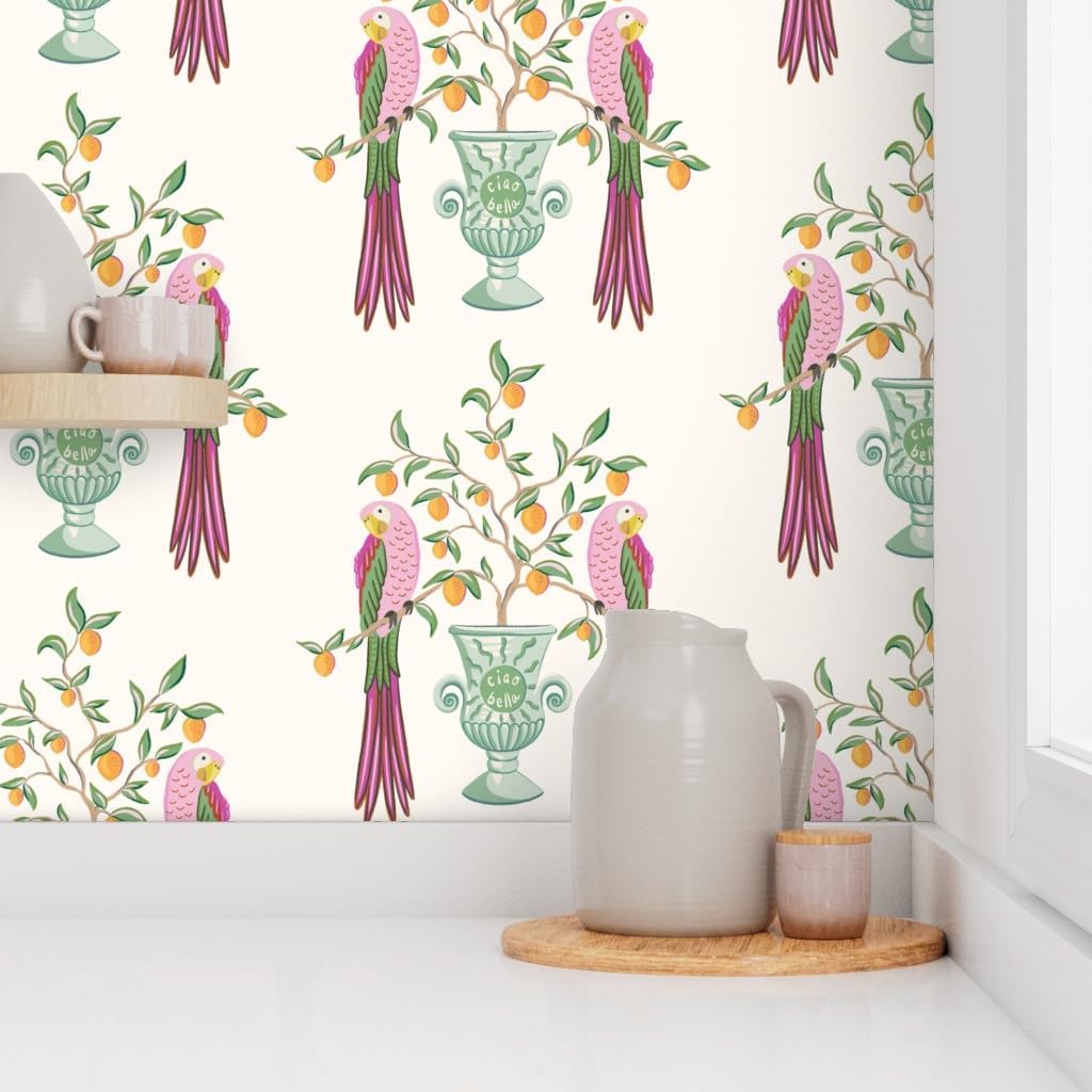 Spoonflower Muestro de papel tapiz extraíble  Pájaros botánicos Loro tropical Cítricos Floral Caprichoso vid Hojas Naranja Limón Italiano Papel