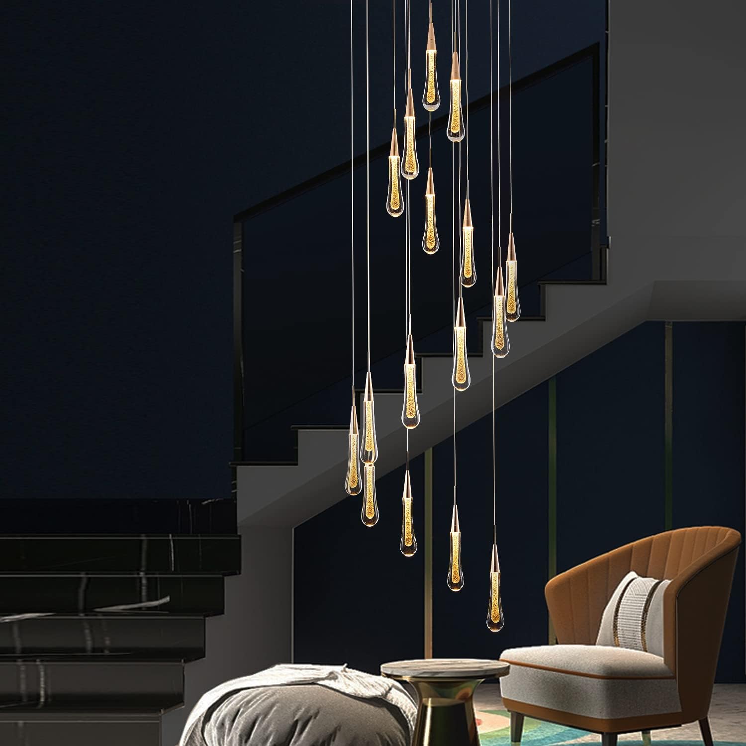 16-Light Gold Staircase Chandelier, Adjustable 128″ High Ceilings Light Fixture Crystal Raindrop Glass Large Long LED Chandeliers for Entryway