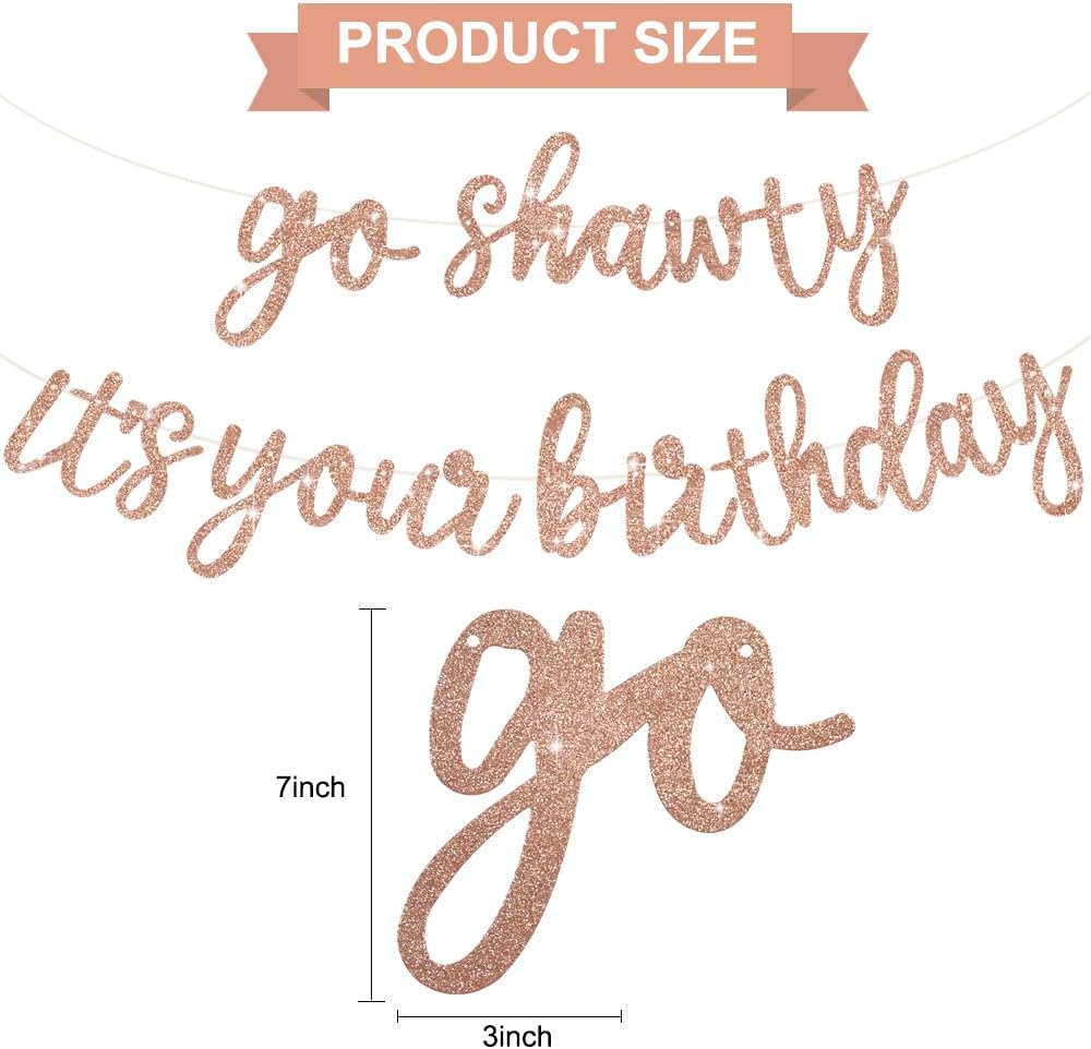 Cartel de oro rosa con texto en inglés “Go Shawty It’s Your Birthday”, “NO DIY”, cartel de feliz cumpleaños con purpurina con temática de hip hop,