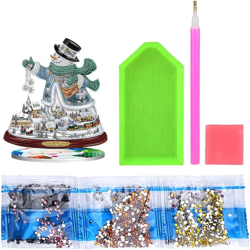 Orgone Kit de adornos de escritorio de pintura de diamante de muñeco de nieve 5D con forma especial, diamantes de imitación de madera, adorno de