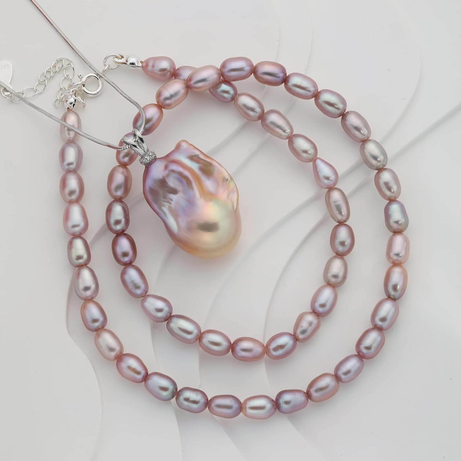 Genuine Freshwater Pearl Necklace Pearl necklaces for WomenDouble Layer Silver Necklace for Women Metallic Purple Pink Necklaces for Women Baroque