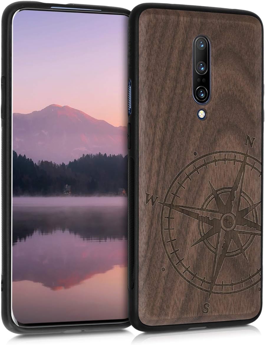 kwmobile Funda de madera compatible con OnePlus 7 Pro – Funda – Brújula de navegación marrón oscuro
