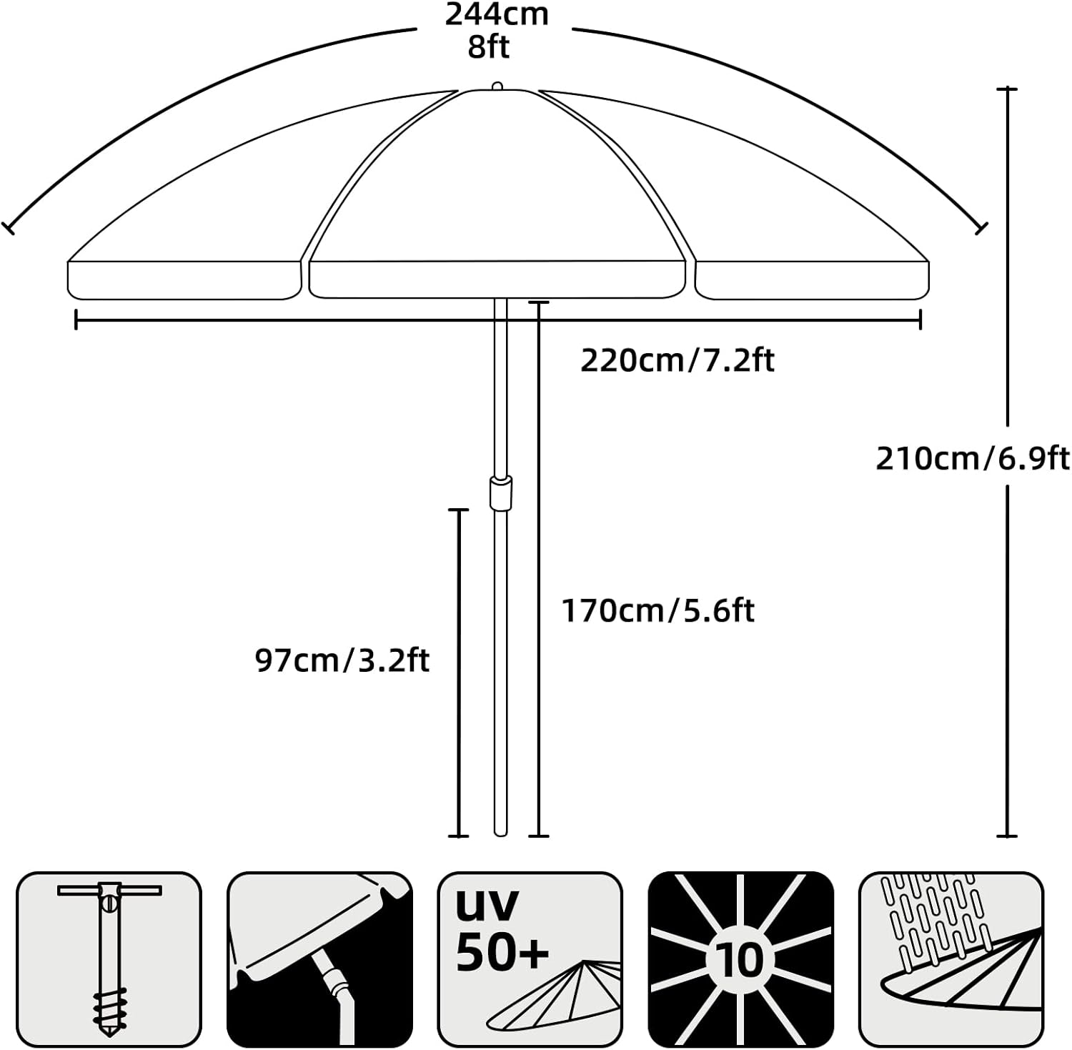 AMMSUN Sombrilla de playa grande de 8 pies con anclaje de arena, sombrilla portátil resistente al viento con protección UV UPF50+, rejillas de