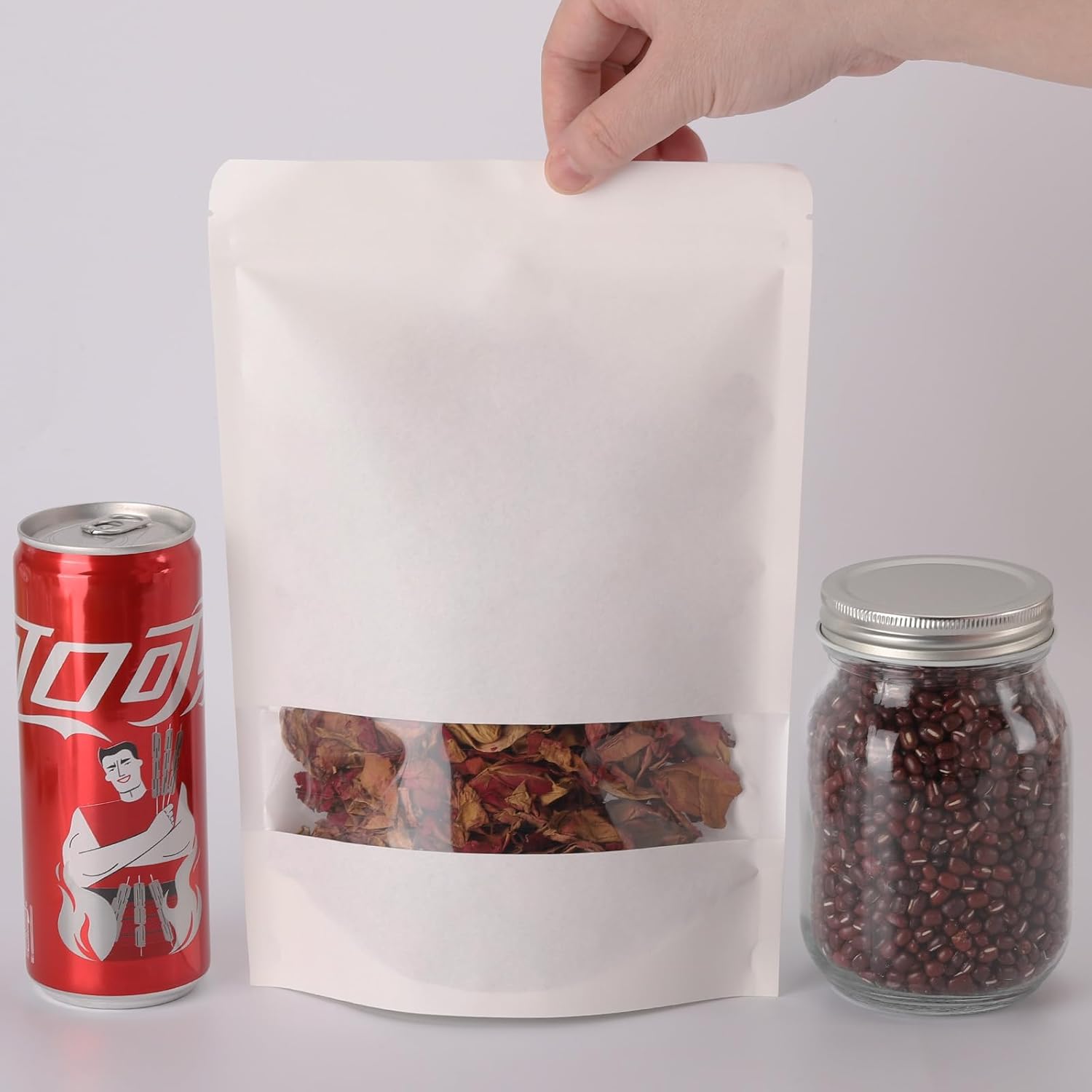 100 bolsas de papel kraft para golosinas, bolsas con cierre hermético resellables con ventana para almacenar galletas, aperitivos, café, color