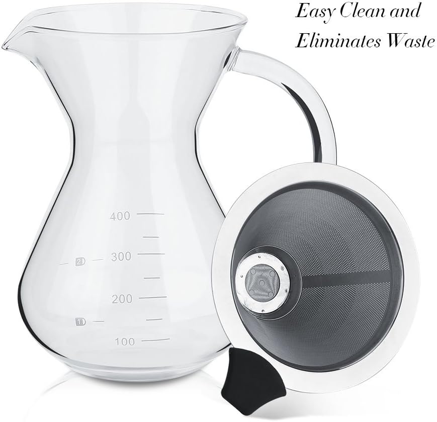 Glass Hand Drip Coffee Maker Pot with Stainless Steel Permanent Filter – 400ML with Scale