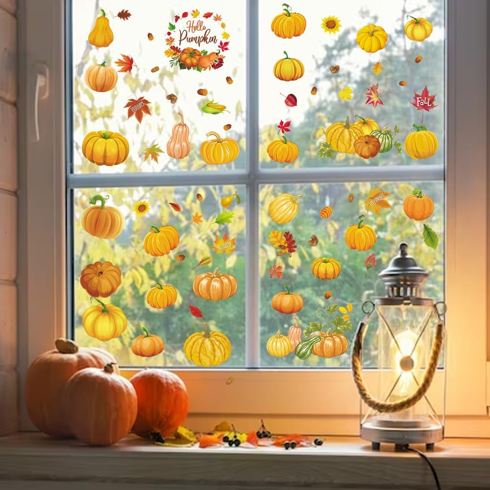 Hying 9 hojas de calabazas de otoño para ventana, calcomanías de Acción de Gracias para ventana, calcomanías estáticas de otoño con hojas de otoño