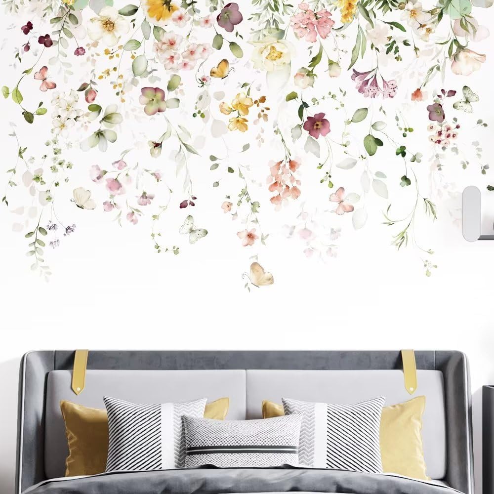AWAKINK Calcomanías de pared de plantas, hojas, murales, acuarela, flores, vinilo, removibles, mariposas, arte de pared, bricolaje, despegar y