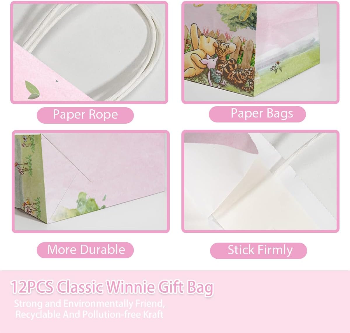 Alohafall Juego de bolsas de regalo clásicas de Winnie para niña, baby shower, recién nacidos, niños, primera fiesta, 12 bolsas de papel con asa