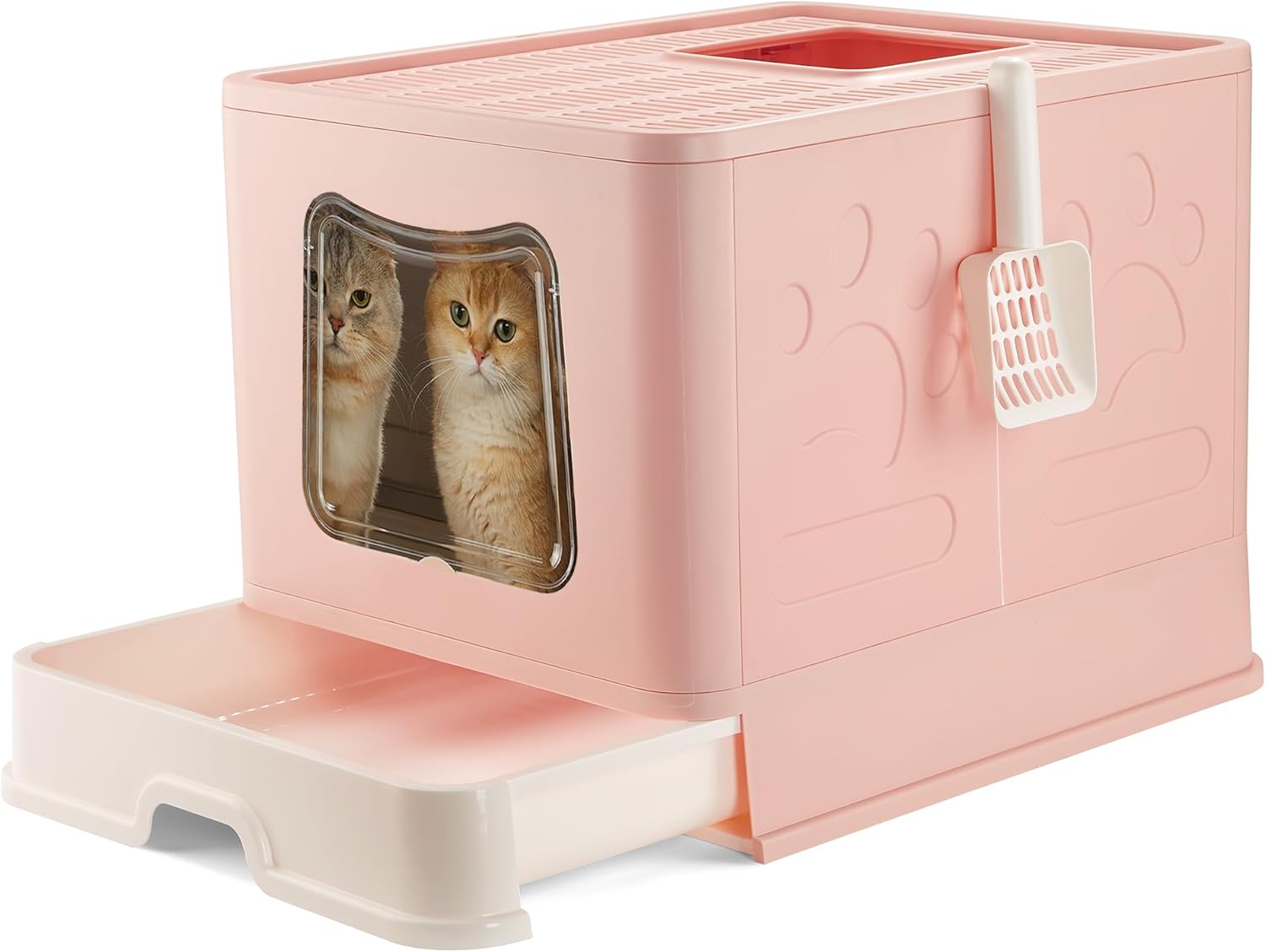 Caja de arena extragrande para gatos plegable con tapa cubierta, entrada superior cerrada, inodoro grande para gatos grandes con cuchara, bandeja de