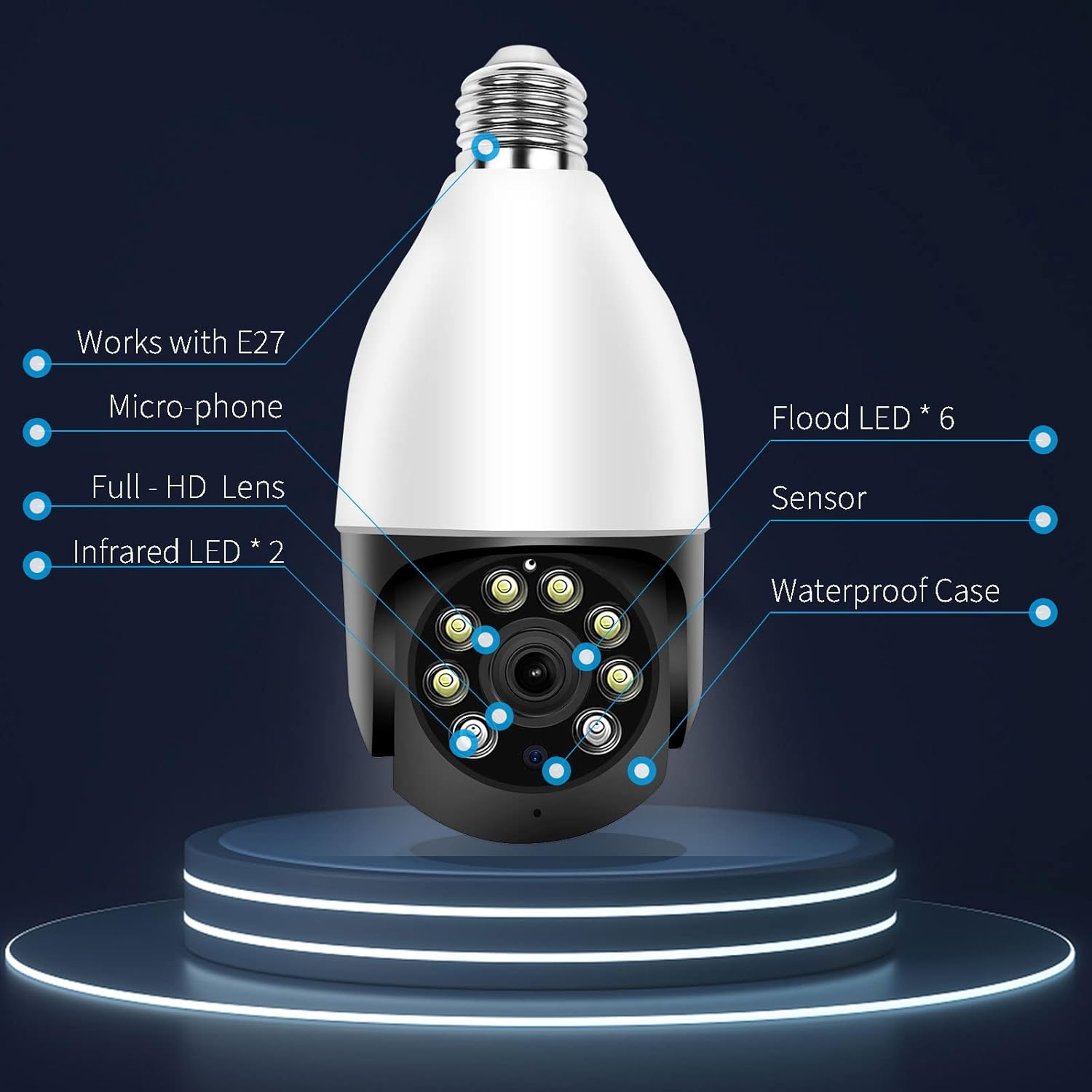 Qilmy Cámara de seguridad para exteriores con inclinación panorámica, cámara de luz HD 2K inalámbrica Wi-Fi, cámara de CCTV de vigilancia en el